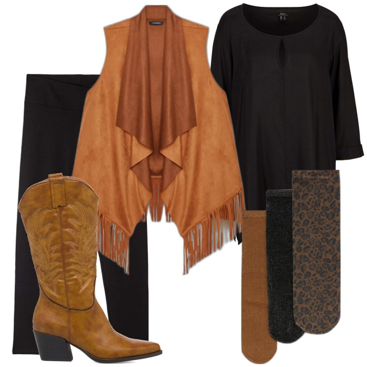 Outfit donna - Tex. Stile Etnico per Tutti i giorni. Abbinamento con bluse, leggings, stivaletti texani, gilet, top.