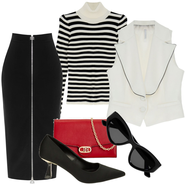 Outfit donna - Total look #1796765. Stile Chic per Tutti i giorni. Abbinamento con gonne longuette, gilet, maglieria, décolleté, borse a tracolla, occhiali da sole.