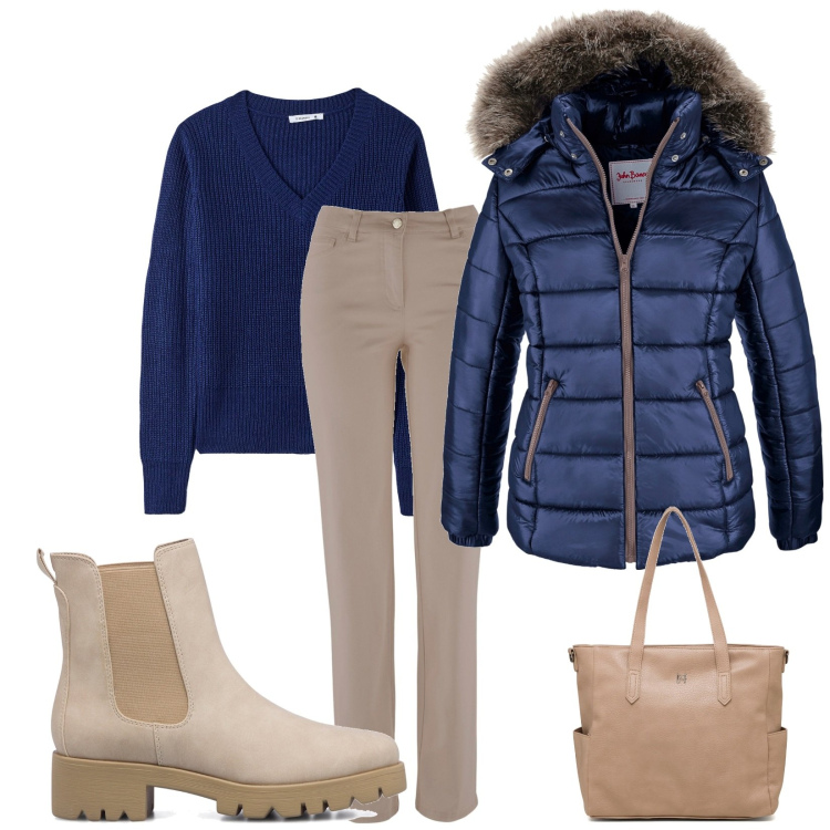 Outfit donna - Ancora tanto freddo. Stile Casual per Tutti i giorni. Abbinamento con piumini, pantaloni, maglieria, stivaletti, borse a spalla.