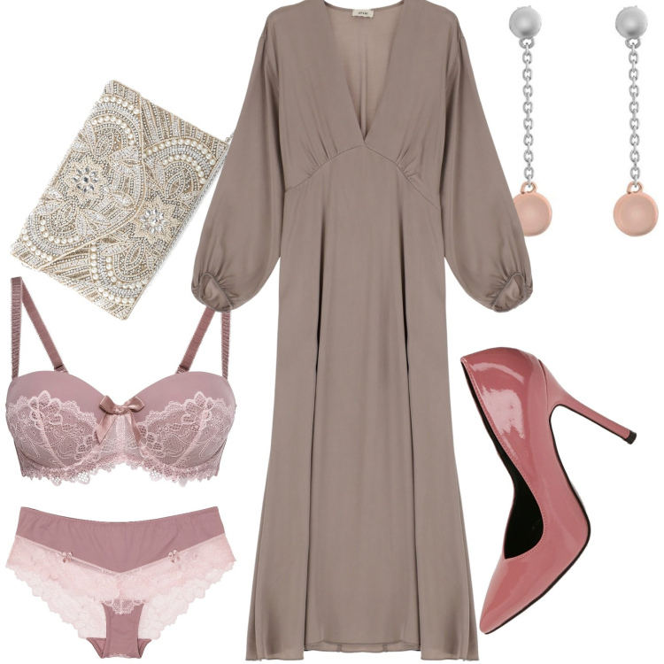 Outfit donna - Total look #1796819. Stile Romantica per Cerimonia. Abbinamento con culotte, pochette, reggiseni a balconcino, décolleté, vestiti midi/longuette, orecchini.