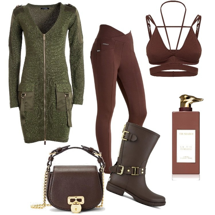 Outfit donna - Total look #1796827. Stile Casual per Tutti i giorni. Abbinamento con profumi, cardigans, pantaloni skinny, borse a tracolla, stivali, top.