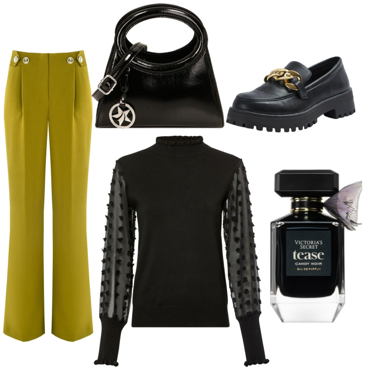 Outfit donna - Outfit da ufficio. Stile Trendy per Tutti i giorni. Abbinamento con maglieria, profumi, mocassini, pantaloni a palazzo, borse a spalla.