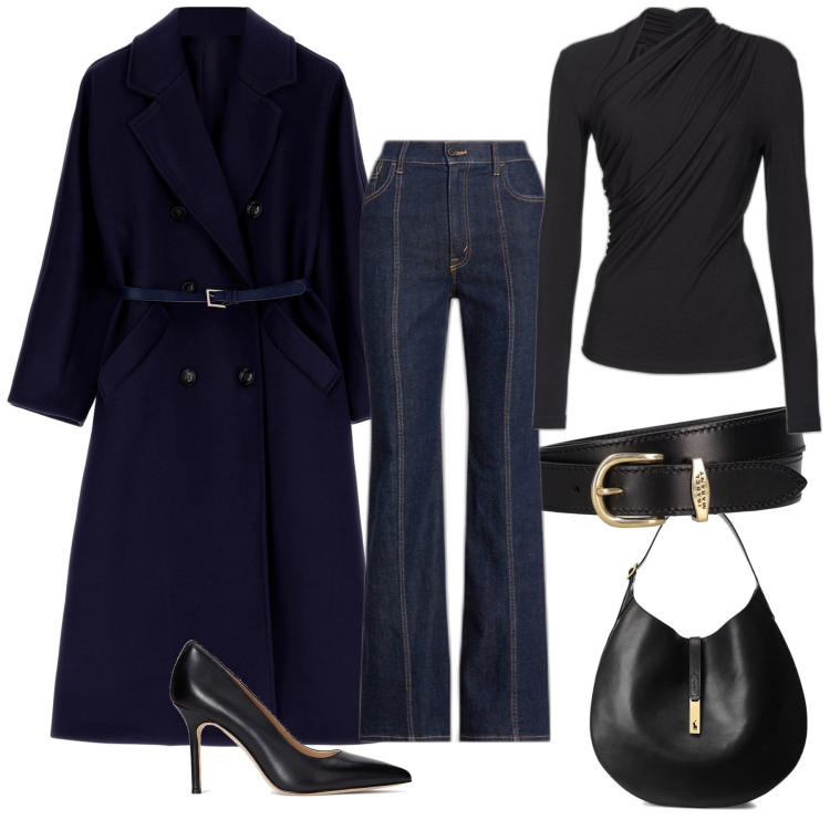 Outfit donna - Cappotto blu e jeans per la sera. Stile Chic per Serata fuori. Abbinamento con maglieria, cappotti, borse a spalla, jeans, décolleté, cinture.