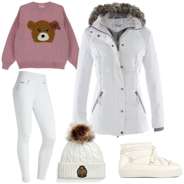 Outfit donna - Weekend sulla neve. Stile Casual per Sport. Abbinamento con piumini, pantaloni, berretti, pullovers, stivali da neve.