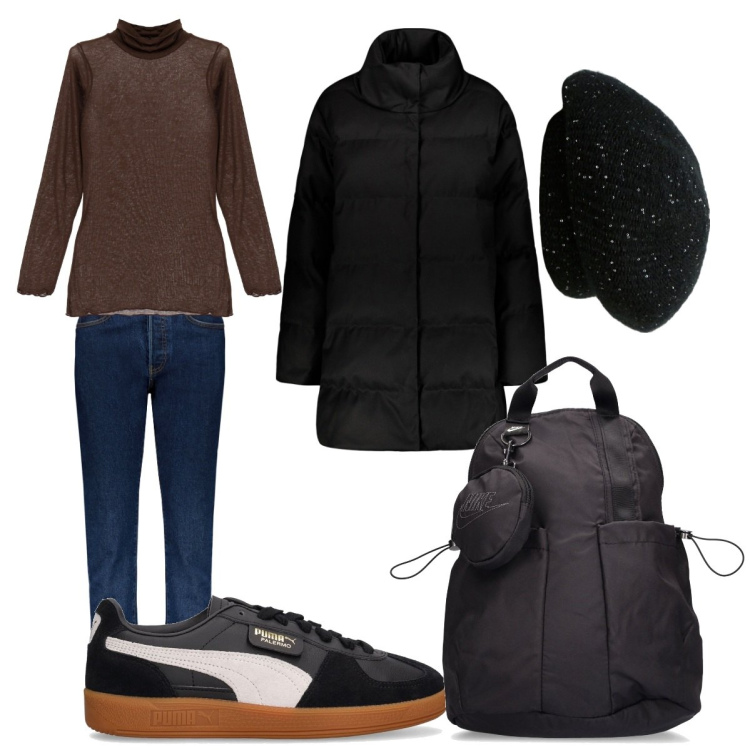 Outfit donna - Studentessa universitaria. Stile Casual per Scuola/Università. Abbinamento con maglieria, cappelli e berretti, cappotti, sneakers, zaini, jeans.