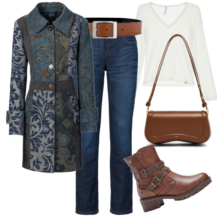 Outfit donna - Bonprix. Stile Casual chic per Tutti i giorni. Abbinamento con cappotti, cinture, jeans dritti, stivaletti, t-shirt, borse a spalla.