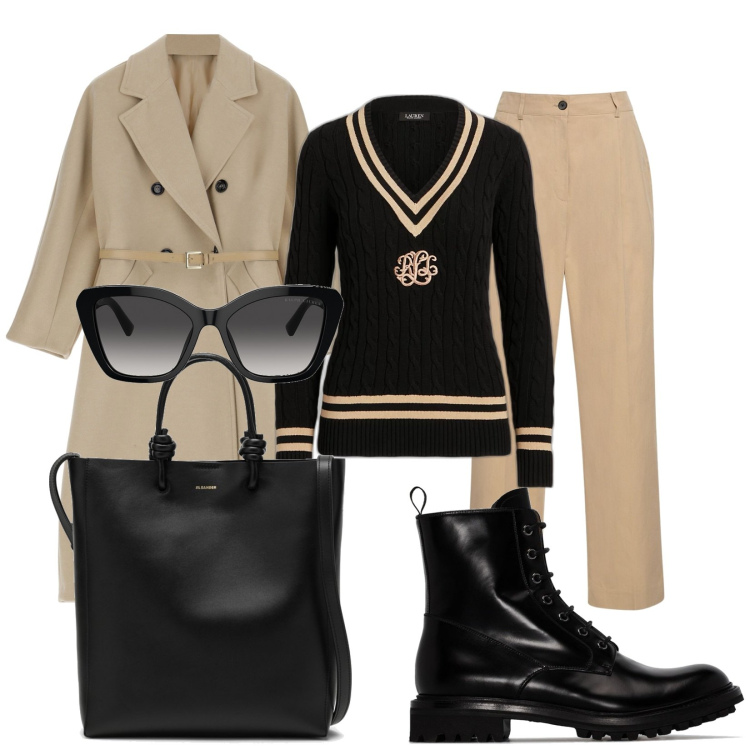 Outfit donna - Workshop. Stile Minimal per Ufficio. Abbinamento con cappotti, occhiali da sole, maglieria, borse tote, stivaletti, pantaloni chino.