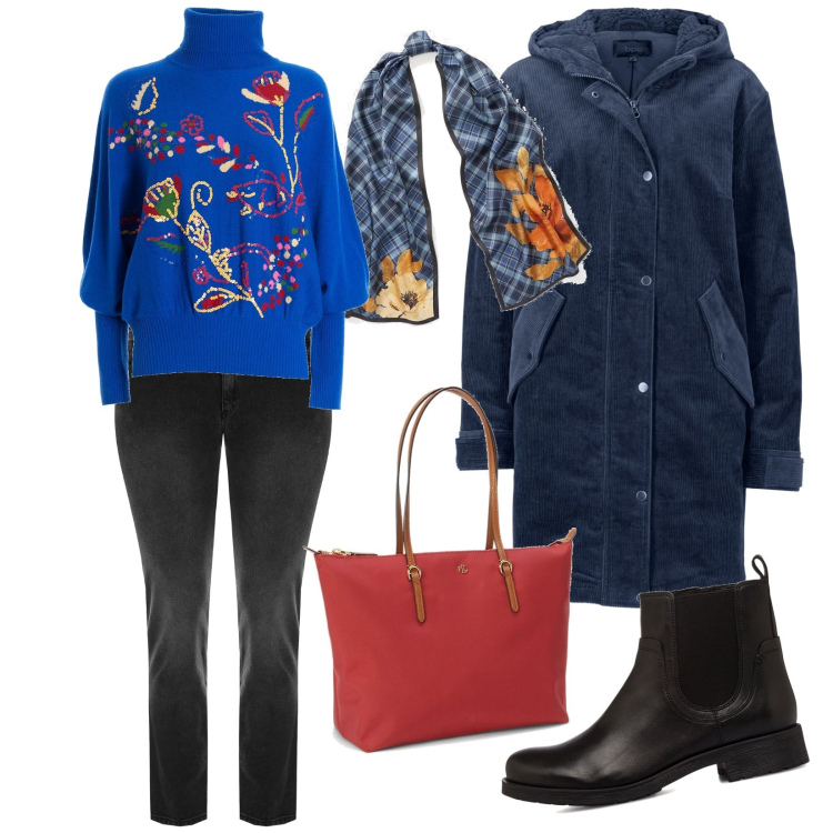 Outfit donna - Maglione a fiori. Stile Casual per Tutti i giorni. Abbinamento con parka, jeans, maglieria, sciarpe, borse tote, stivaletti.