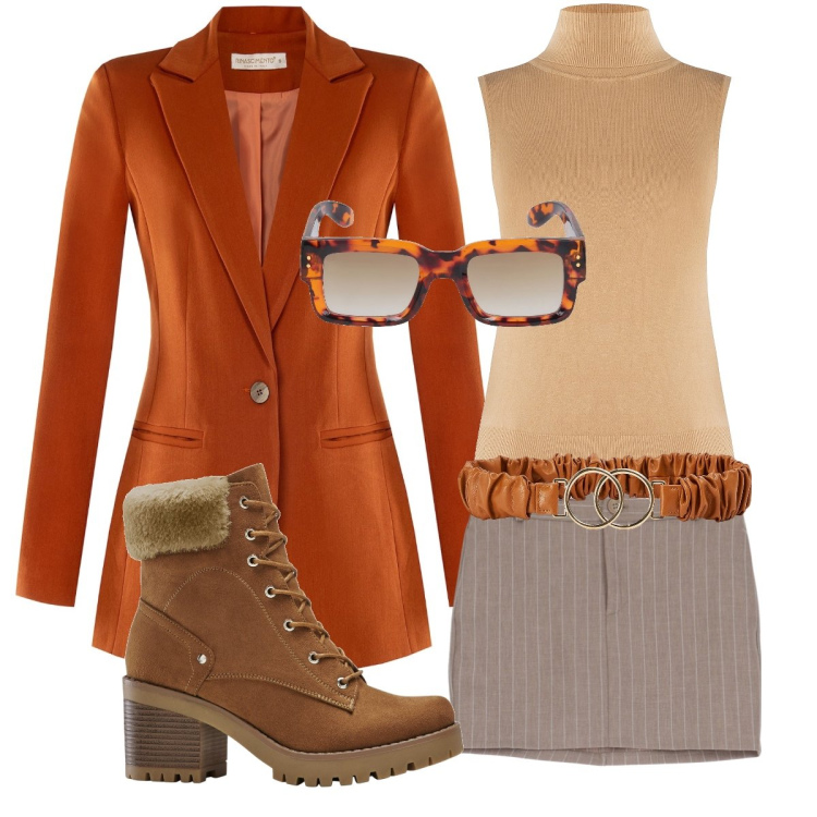 Outfit donna - Look orange. Stile Glamour per Cerimonia. Abbinamento con stivaletti, cinture, cappotti, cardigans, minigonne, occhiali da sole.