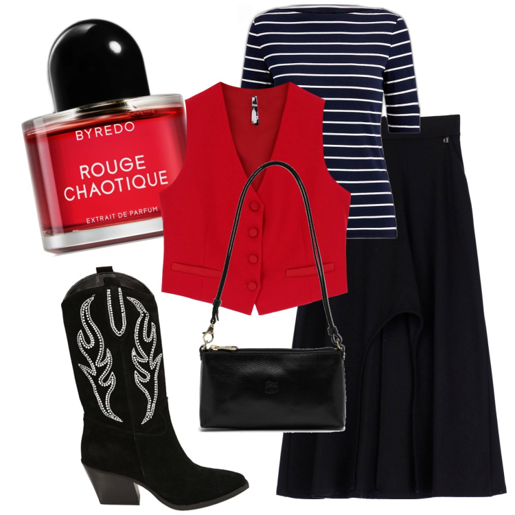 Outfit donna - Glam style. Stile Glamour per Tutti i giorni. Abbinamento con profumi, gilet, stivali, maglieria, gonne lunghe, borse a spalla.