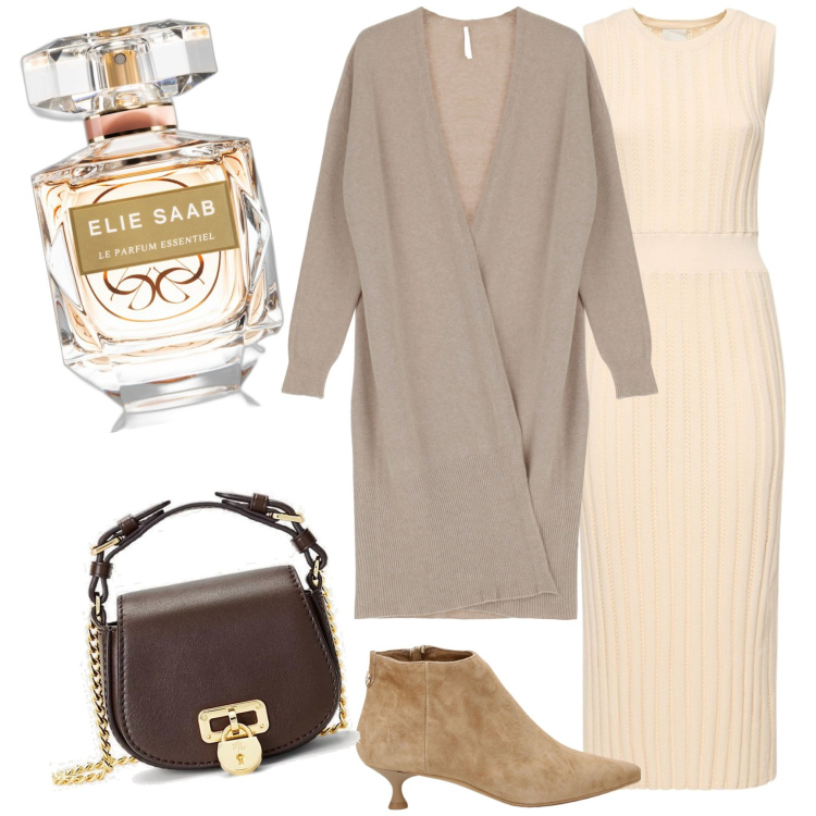 Outfit donna - Nude colors. Stile Chic per Tutti i giorni. Abbinamento con profumi, cardigans, stivaletti, borse a tracolla, vestiti.