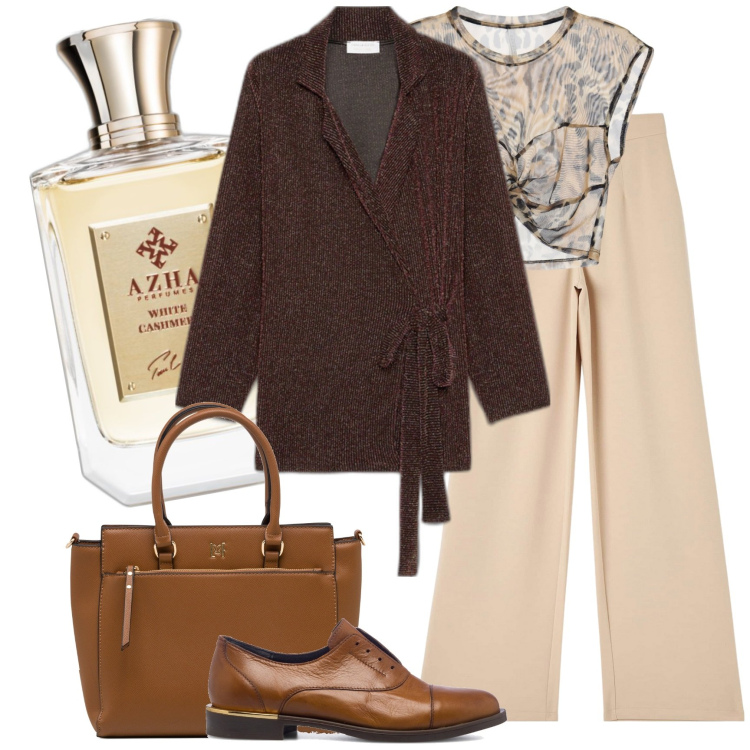Outfit donna - Con il cardigan in lurex. Stile Casual chic per Ufficio. Abbinamento con profumi, pantaloni, top, scarpe stringate, borse a mano, cappotti.