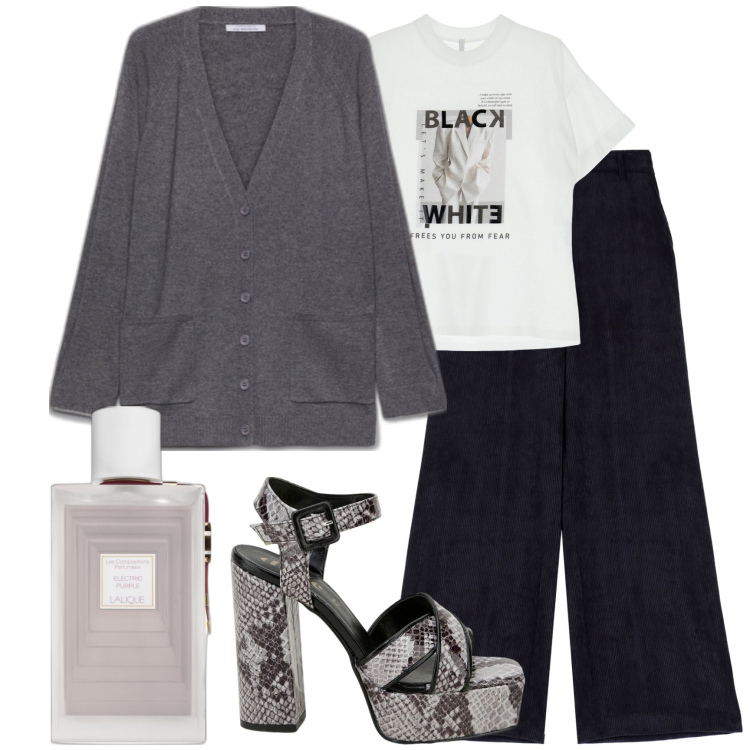 Outfit donna - Sandali d\'inverno. Stile Glamour per Tutti i giorni. Abbinamento con profumi, pantaloni a palazzo, t-shirt, décolleté, cardigans.