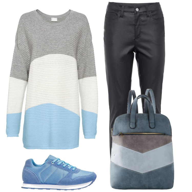 Outfit donna - Prendo i bimbi a scuola. Stile Casual per Tutti i giorni. Abbinamento con maglieria, zaini, pantaloni skinny, sneakers.