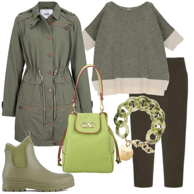 Outfit donna - Total look #1797062. Stile Casual per Tutti i giorni. Abbinamento con parka, maglieria, borse a secchiello, stivali, pantaloni, braccialetti.
