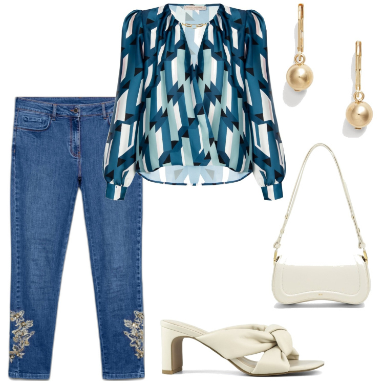 Outfit donna - Primavera curvy. Stile Chic per Tutti i giorni. Abbinamento con orecchini, bluse, sandali col tacco, jeans skinny, borse a spalla.