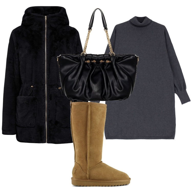 Outfit donna - Total look #1797095. Stile Minimal per Tutti i giorni. Abbinamento con ecopellicce, borse a spalla, vestiti corti, stivali sopra il ginocchio.