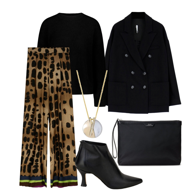Outfit donna - Ghost outfitter - gennaio. Stile Casual chic per Tutti i giorni. Abbinamento con cappotti, pantaloni a palazzo, stivaletti, pochette, maglieria, ciondoli.