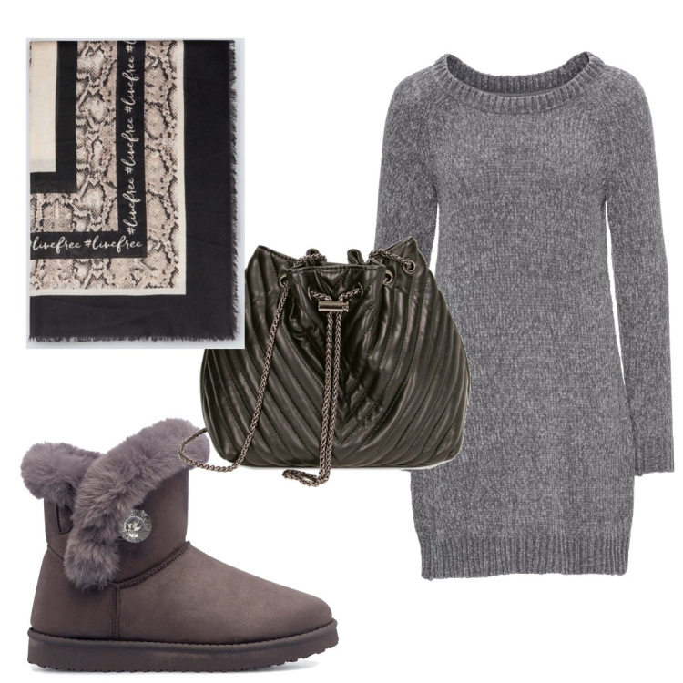 Outfit donna - Total look #1797114. Stile Basic per Tutti i giorni. Abbinamento con vestiti, borse a secchiello, stivaletti, foulard.