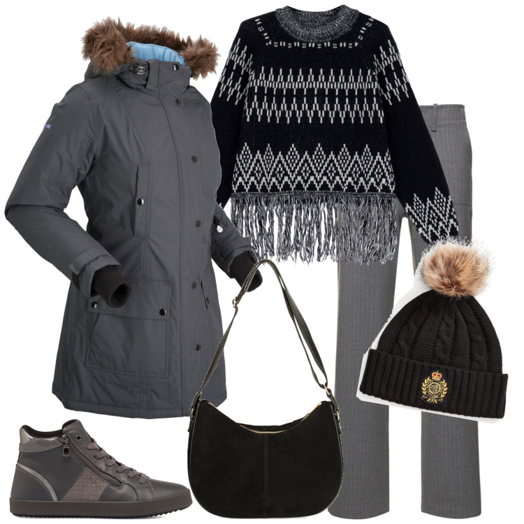 Outfit donna - In inverno. Stile Casual per Tutti i giorni. Abbinamento con blazer, maglieria, borse a spalla, sneakers alte, berretti, pantaloni cargo.