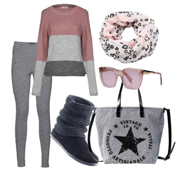 Outfit donna - Urban #7725. Stile Urban per Tutti i giorni. Abbinamento con stivali, shopping bag in denim grigio, pantalone con zip jersey grigio, pullover senza tasche fantasia multicolore lavorato a maglia collo tondo a maniche lunghe elasticizzato, occhiali da sole tinta unita, sciarpa rosa e pastello.