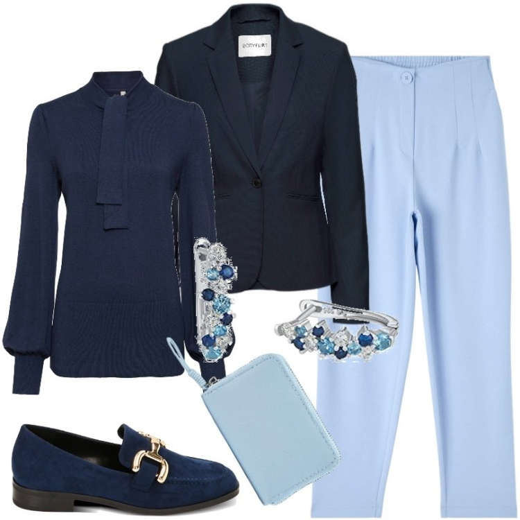 Outfit donna - Total look #1797145. Stile Casual per Ufficio. Abbinamento con maglieria, blazer, pantaloni chino, portafogli, mocassini, orecchini.