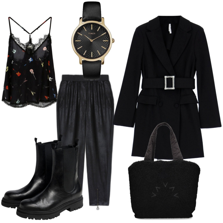 Outfit donna - aperitivo con le amiche. Stile Basic per Serata fuori. Abbinamento con vestiti corti, canottiere, pantaloni, stivaletti chelsea, orologi, shopping bag.
