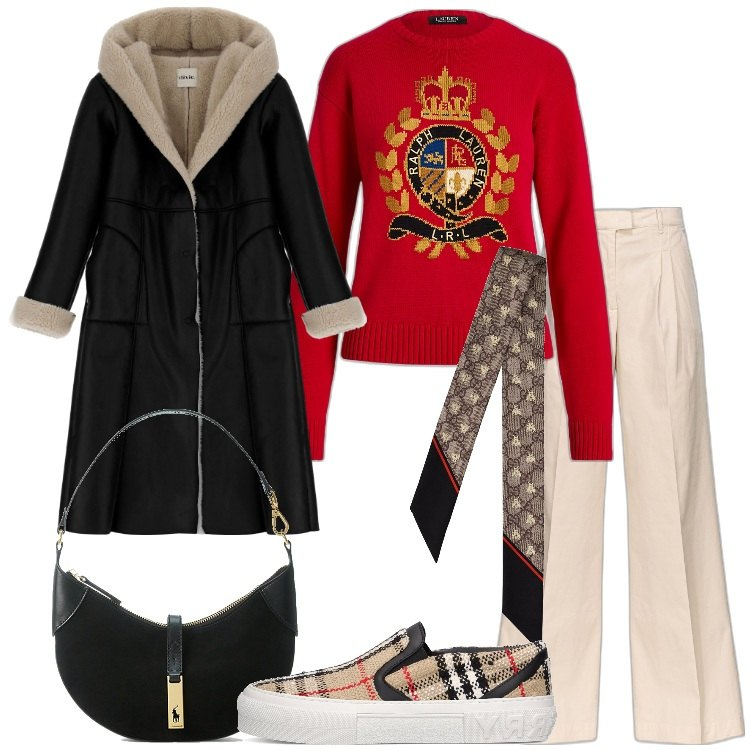 Outfit donna - Comoda con stile. Stile Trendy per Tutti i giorni. Abbinamento con pantaloni, borse a spalla, maglieria, cappotti, foulard, sneakers.