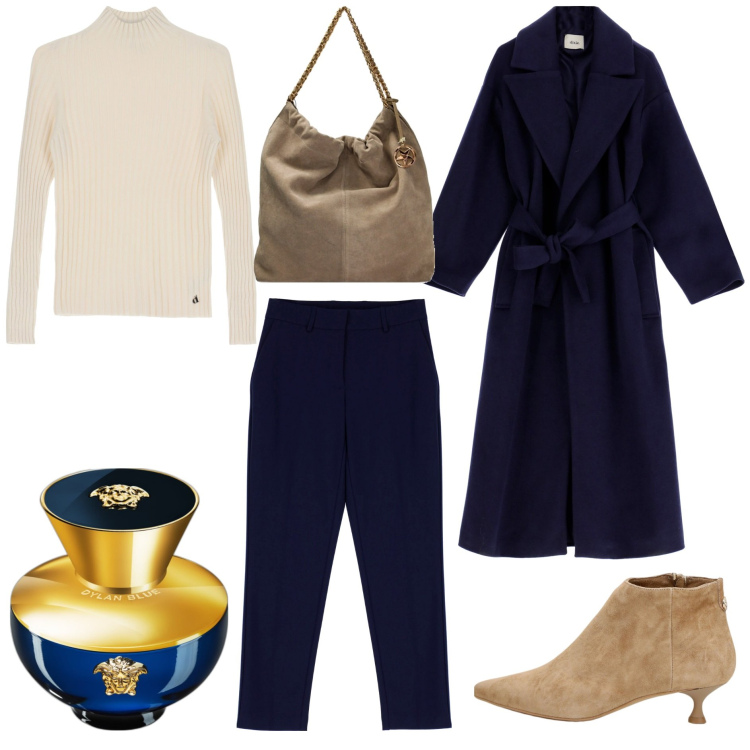 Outfit donna - Il cappotto blu in ufficio. Stile Casual chic per Ufficio. Abbinamento con profumi, pantaloni capri, borse a spalla, cappotti, stivaletti, maglieria.