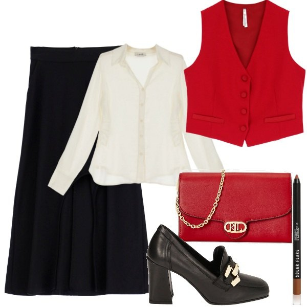 Outfit donna - In ufficio. Stile Chic per Ufficio. Abbinamento con eyeliner, gilet, mocassini, gonne lunghe, camicie, borse a tracolla.