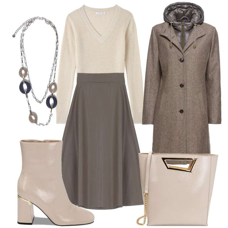 Outfit donna - Trendy style. Stile Trendy per Ufficio. Abbinamento con cappotti, maglieria, gonne longuette, stivaletti, borse a mano, ciondoli.