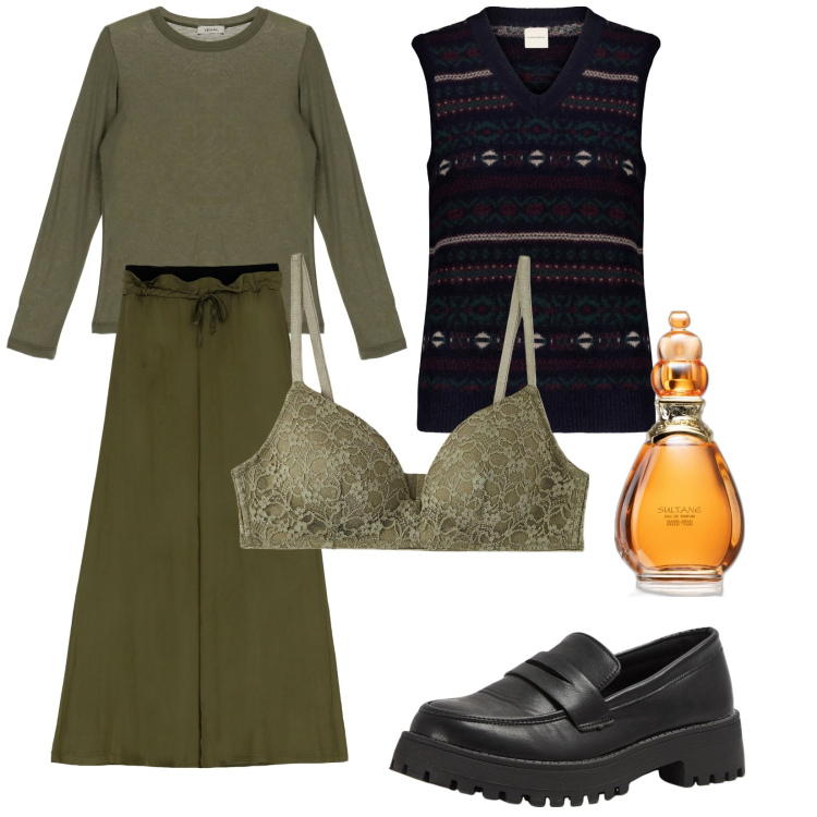 Outfit donna - Oliva. Stile Vintage retrò per Tutti i giorni. Abbinamento con profumi, mocassini, reggiseni, maglieria, pantaloni a palazzo, maglieria.