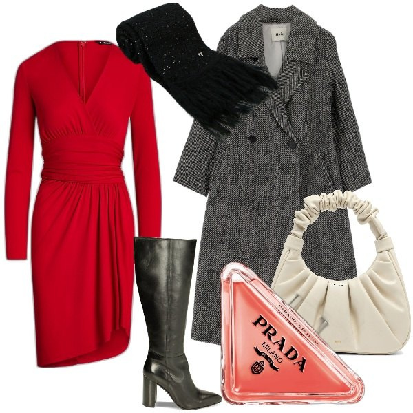 Outfit donna - Pronta per l\'ufficio. Stile Bon Ton per Ufficio. Abbinamento con profumi, stivali sopra il ginocchio, cappotti, sciarpe, vestiti asimmetrici, borse a mano.