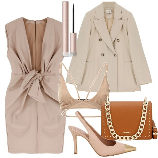 Outfit donna - Un bella scollatura. Stile Chic per Ufficio. Abbinamento con terre, pochette, vestiti corti, décolleté, giacche, reggiseni.