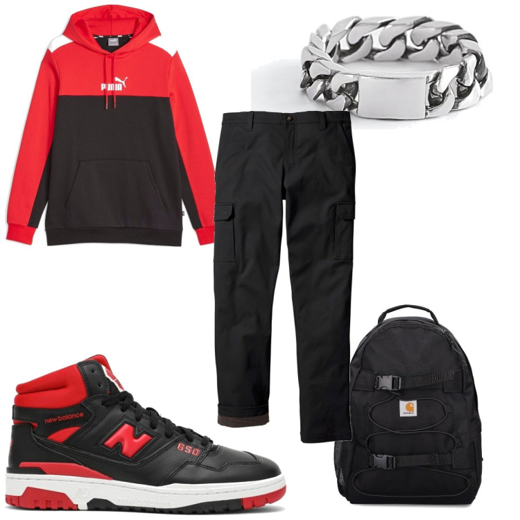 Outfit uomo - Total look #1797182. Stile Urban per Tutti i giorni. Abbinamento con pantaloni cargo, anelli, felpe con cappuccio, sneakers alte, borse sportive.