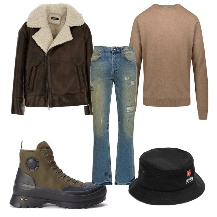 Outfit uomo - Total look #1797184. Stile Casual per Tutti i giorni. Abbinamento con cappotti, sneakers, maglieria, jeans dritti, cappelli.