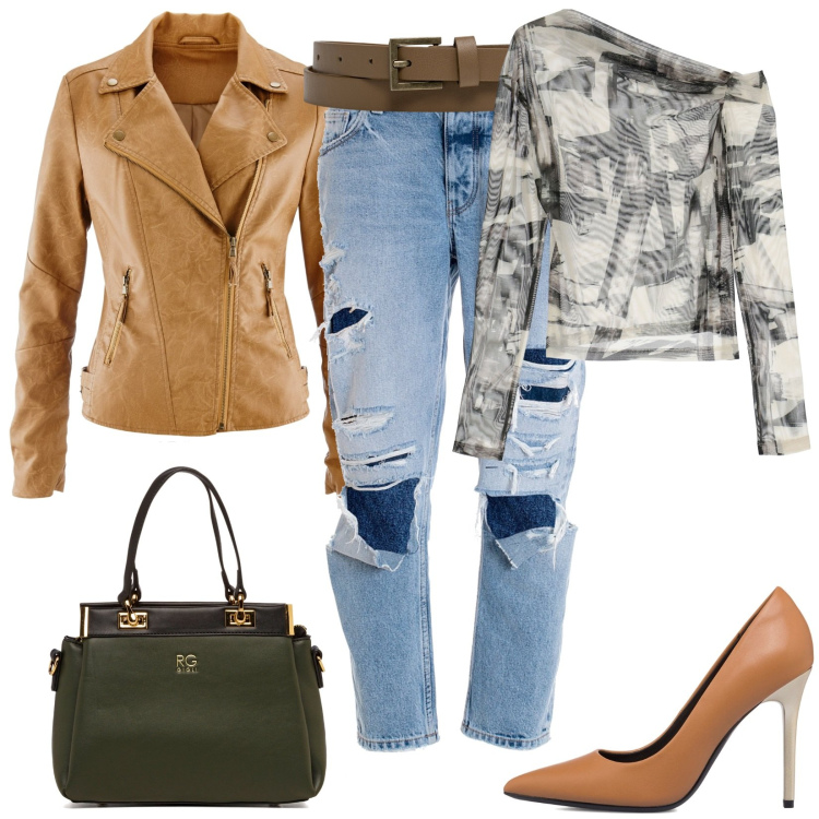 Outfit donna - Total look #1797187. Stile Casual per Tutti i giorni. Abbinamento con blazer, jeans boyfriend, maglieria, décolleté, borse a spalla, cinture.