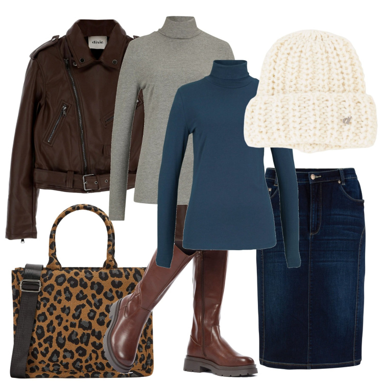 Outfit donna - Inverno dolcevita. Stile Urban per Tutti i giorni. Abbinamento con gonne, maglieria, shopping bag, cappotti, berretti, stivali sopra il ginocchio.
