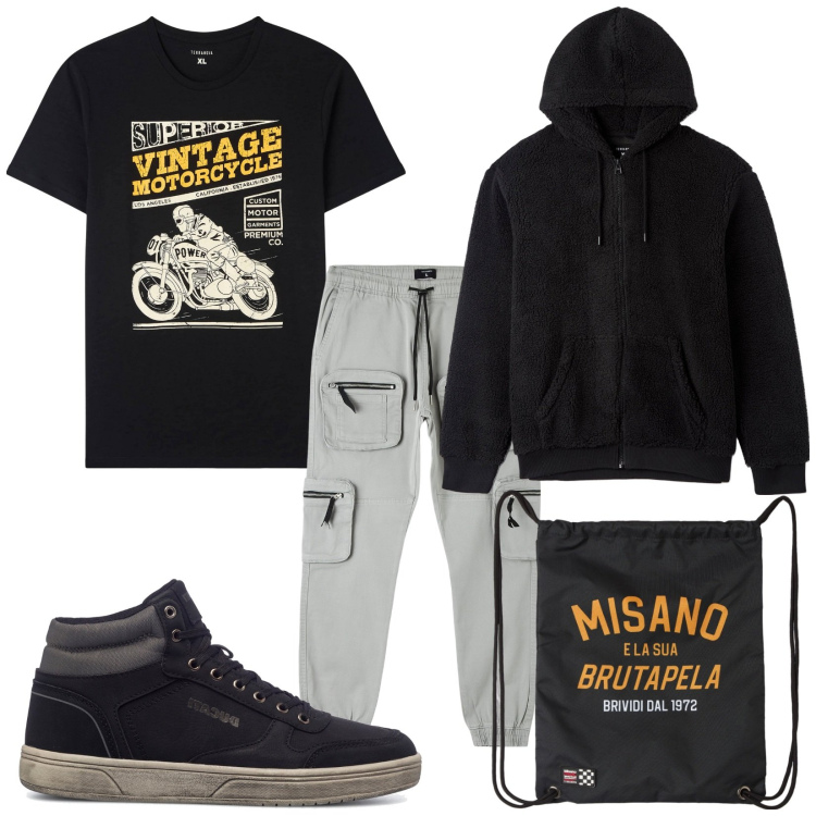 Outfit uomo - Total look #1797196. Stile Biker Rock per Tutti i giorni. Abbinamento con borse sportive, felpe con cappuccio, pantaloni cargo, t-shirt, sneakers alte.