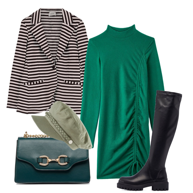 Outfit donna - Inverno. Stile Urban per Ufficio. Abbinamento con cappelli, vestiti corti, blazer, stivali, borse a tracolla.