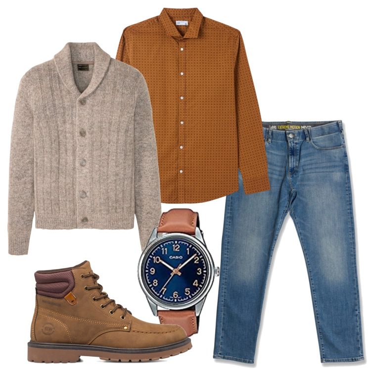Outfit uomo - Inverno. Stile Casual per Tutti i giorni. Abbinamento con cardigans, camicie, stivali e stivaletti, jeans slim fit, orologi.