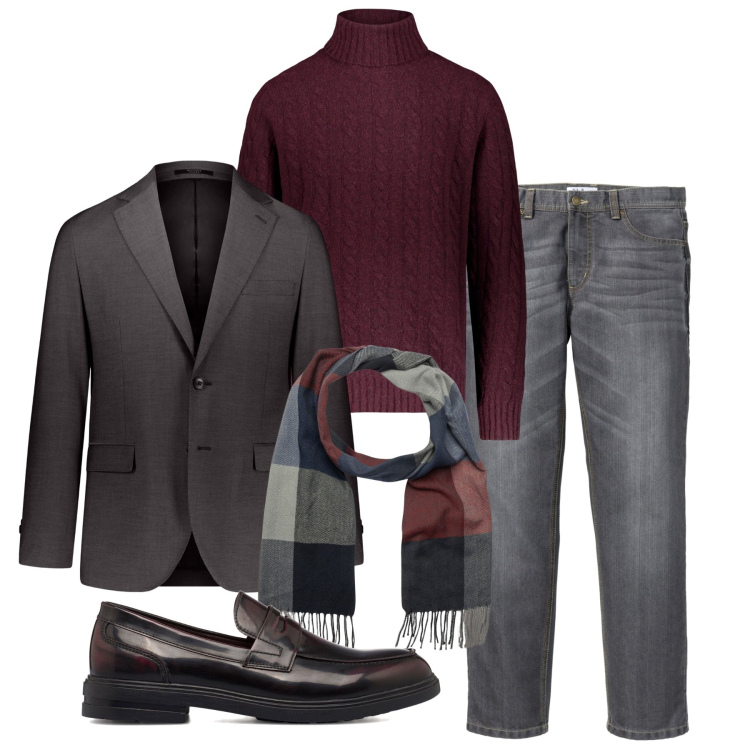 Outfit uomo - Inverno. Stile Trendy per Tutti i giorni. Abbinamento con jeans dritti, scarpe stringate, abiti, maglieria, sciarpe.