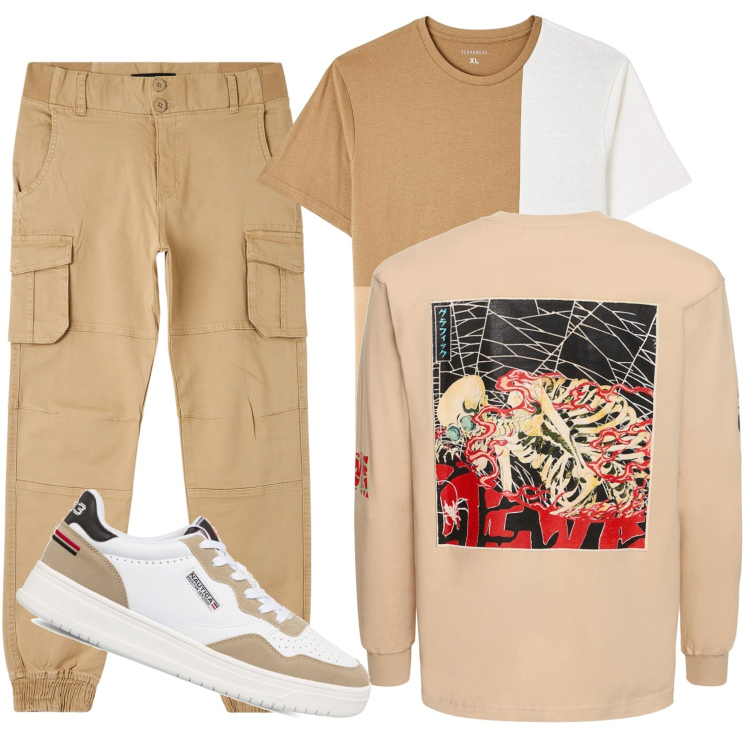 Outfit uomo - In centro città. Stile Casual per Tutti i giorni. Abbinamento con sneakers, t-shirt, pantaloni cargo, t-shirt.