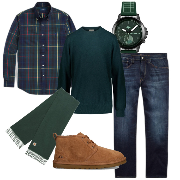 Outfit uomo - Inverno. Stile Casual per Tutti i giorni. Abbinamento con maglieria, jeans dritti, camicie, scarpe stringate, orologi analogici, sciarpe.