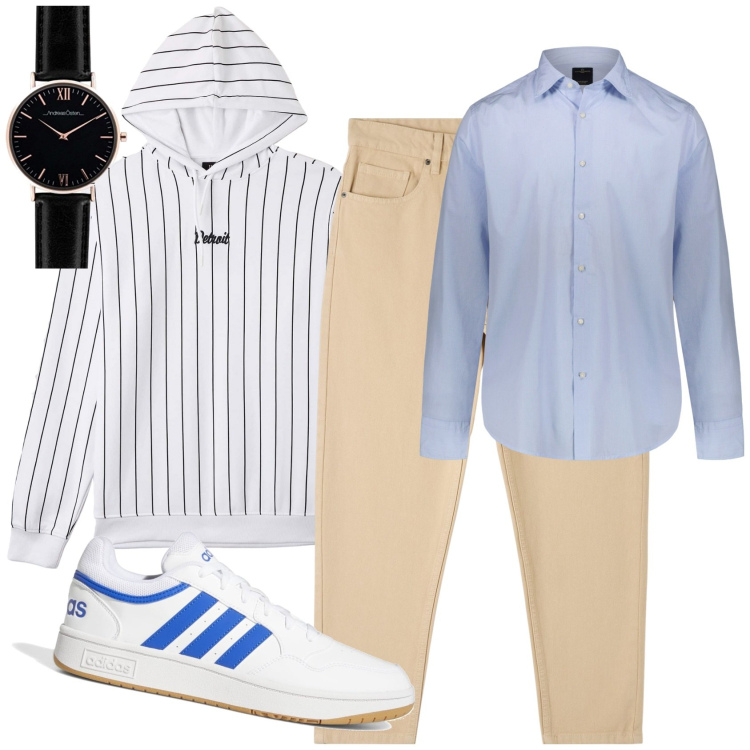 Outfit uomo - Al lavoro. Stile Trendy per Ufficio. Abbinamento con pantaloni, felpe con cappuccio, sneakers, orologi, camicie.
