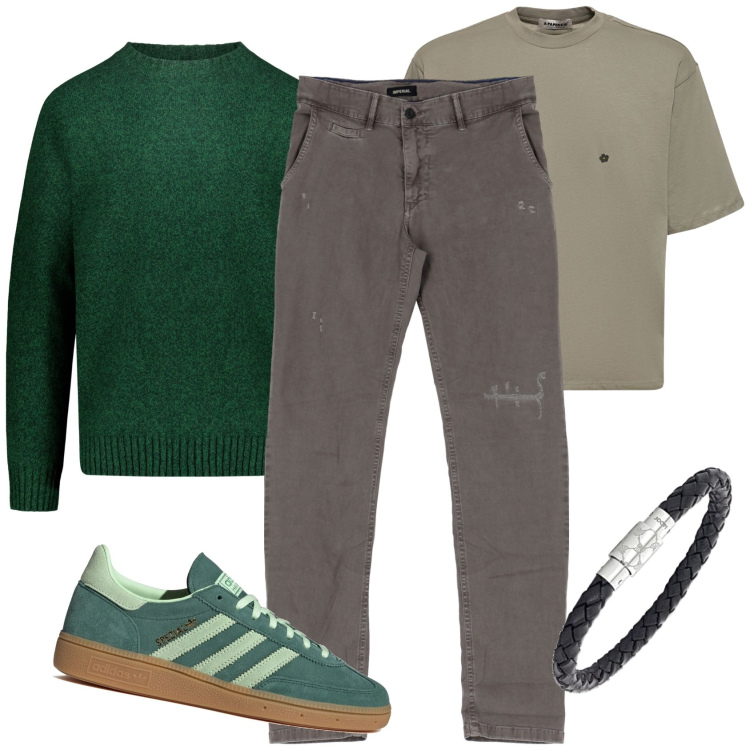 Outfit uomo - Al lavoro. Stile Trendy per Ufficio. Abbinamento con pantaloni, maglieria, braccialetti, t-shirt, sneakers.