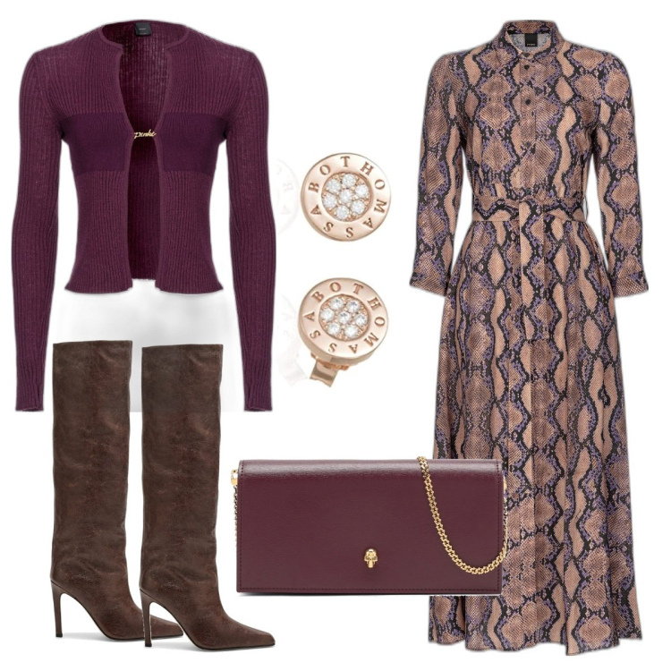 Outfit donna - Total look #1797280. Stile Casual chic per Cerimonia. Abbinamento con vestiti lunghi, cardigans, clutch, stivali, orecchini.