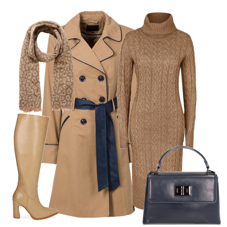 Outfit donna - Beige. Stile Bon Ton per Tutti i giorni. Abbinamento con trench, vestiti midi/longuette, sciarpe, stivali, borse a mano.