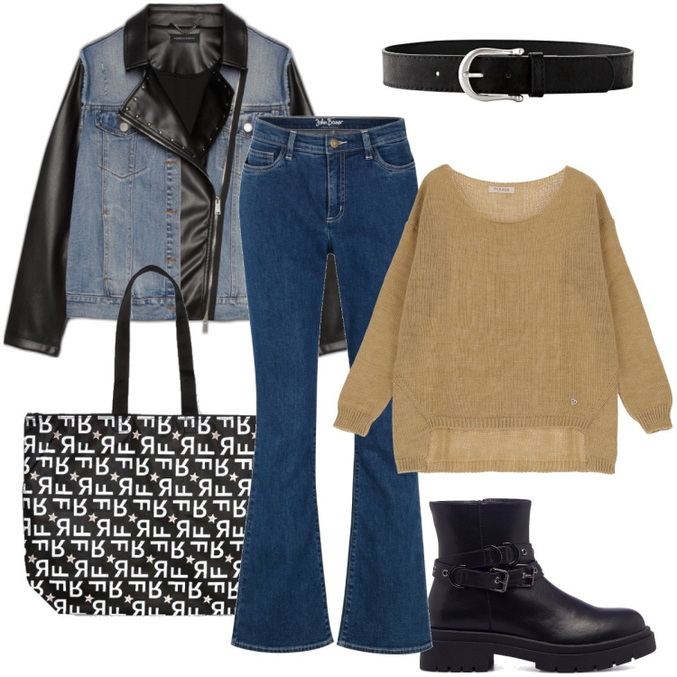 Outfit donna - La borsa shopper a fantasia. Stile Urban per Tutti i giorni. Abbinamento con cinture, jeans bootcut, maglieria, stivaletti, blazer, shopping bag.