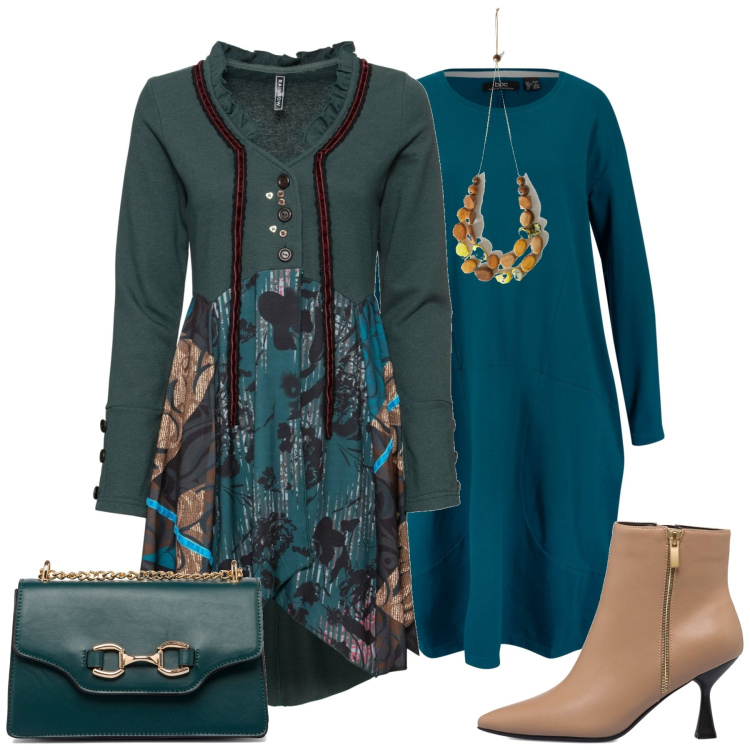 Outfit donna - Il cappotto fantasia. Stile Glamour per Tutti i giorni. Abbinamento con vestiti, blazer, stivaletti, borse a tracolla, collane.